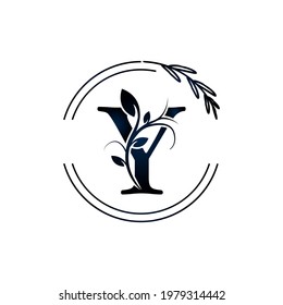 Initial Letter Y Botanical Flowers with lettering circle hand drawn. Suitable for natural, eco, jewelry, fashion, personal or corporate branding.