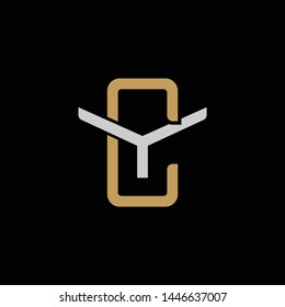 Initial letter Y and C, YC, CY, overlapping interlock logo, monogram line art style, silver gold on black background