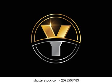 Initial letter Y with circle frame. Golden and silver color alphabet symbol for corporate business identity