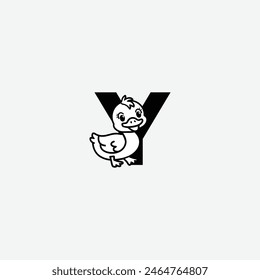 Initial Letter Y with Duck Logo Design. Duck is sporting a happy smile. Letter Y Vector cute animals character duck isolated illustration and lettering on white background.