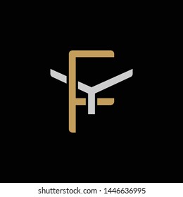 Initial letter Y and F, YF, FY, overlapping interlock logo, monogram line art style, silver gold on black background