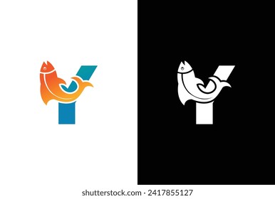 Initial Letter Y Fish Logo Design Vector Icon Graphic Emblem Illustration. Word mark logo icon formed fish symbol in letter Y in White background.