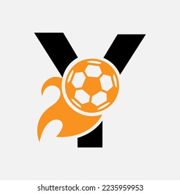 Initial Letter Y Football Logo Concept With Moving Football Icon and Fire symbol. Soccer Logotype Vector Template