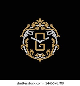 Initial letter Y and G, YG, GY, decorative ornament emblem badge, overlapping monogram logo, elegant luxury silver gold color on black background