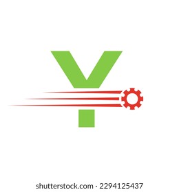 Logo De La Letra Inicial Y Gear CogWheel. Icono industrial del automóvil, logotipo del engranaje, símbolo de reparación del automóvil