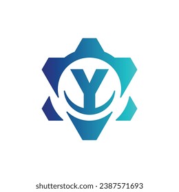 Diseño vectorial del logotipo de ingeniería de engranajes de la letra Y inicial
