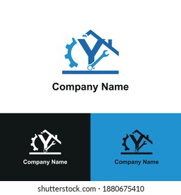 Initial letter Y with gear, wrench and home icon for Home renovation, construction, repair and maintenance logo design concept vector