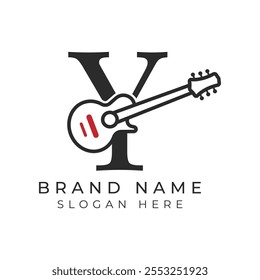 Initial Letter Y Guitar icon with Line Art Style for Chord. Alphabet Y with Musical instrument logo design