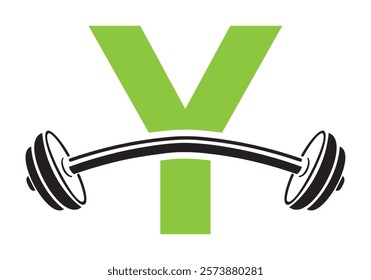 Initial Letter Y Gym Logo Design Concept With Straight and Curved Barbell Symbol. Fitness Sign, Bodybuilding, Workout Vector