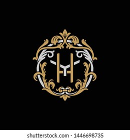 Initial letter Y and H, YH, HY, decorative ornament emblem badge, overlapping monogram logo, elegant luxury silver gold color on black background