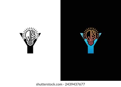 Letra inicial Y mitad de bombilla y cerebro aislados sobre fondo blanco. Plantilla de diseño vectorial de logotipo de bulbo cerebral en Y.