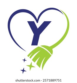 Initial Letter Y House Clean Logo Concept With Cleaning Brush and Heart Symbol. Broom Sign