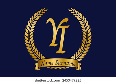 Initial letter Y and I, YI monogram logo design with laurel wreath. Luxury golden calligraphy font.