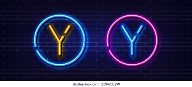 Initial letter Y icon. Neon light line effect. Line typography character sign. Large first font letter. Glowing neon light element. Letter Y glow 3d line. Brick wall banner. Vector