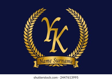 Initial letter Y and K, YK monogram logo design with laurel wreath. Luxury golden calligraphy font.