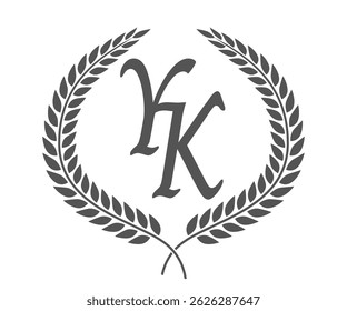 Initial letter Y and K, YK monogram logo design with laurel wreath. Luxury calligraphy font.