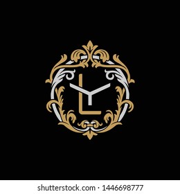 Initial letter Y and L, YL, LY, decorative ornament emblem badge, overlapping monogram logo, elegant luxury silver gold color on black background