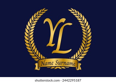 Initial letter Y and L, YL monogram logo design with laurel wreath. Luxury golden calligraphy font.