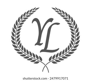 Initial letter Y and L, YL monogram logo design with laurel wreath. Luxury calligraphy font.