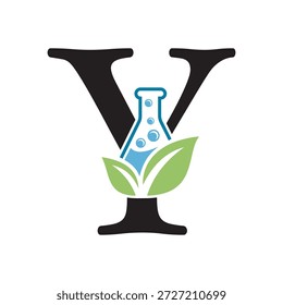 Diseño inicial del logotipo del laboratorio de la letra Y combinado con el símbolo del tubo de ensayo y de la hoja