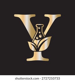 Letra inicial Y desenho do logotipo do laboratório combinar com tubo de ensaio e símbolo da folha