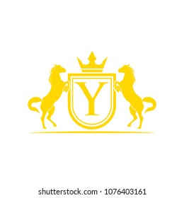 Initial Letter Y logo. Horse Brand Logo design vector. Retro golden crest with shield and horses. Heraldic logo template. Luxury design concept. Can be used as logo, icon, emblem or banner.