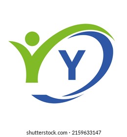 Initial Letter Y Logo, Medical Design with Human Symbol. People Healthcare and Letter Y Wellness Logo, Fitness Sign