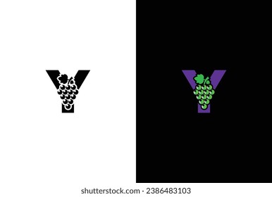 Initial letter Y logo. Modern and simple letter Y for the Grape symbol logo design with green leaves.