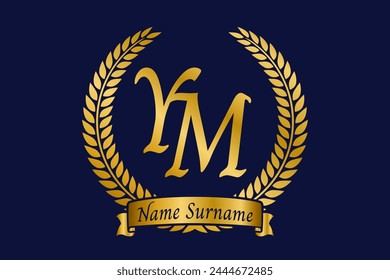 Initial letter Y and M, YM monogram logo design with laurel wreath. Luxury golden calligraphy font.