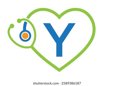 Initial Letter Y Medical Logo Concept With Heart and Stethoscope Symbol For Healthcare and Medical Sign