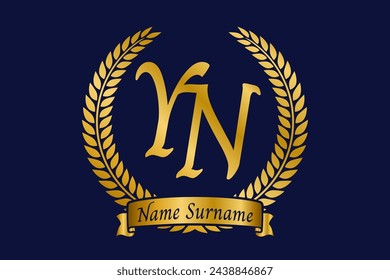 Initial letter Y and N, YN monogram logo design with laurel wreath. Luxury golden emblem with calligraphy font.