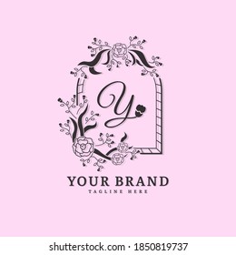 Initial letter Y with natural logo vector concept element, letter Y logo with floral ornament. Minimalist design logo.
