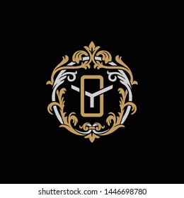 Initial letter Y and O, YO, OY, decorative ornament emblem badge, overlapping monogram logo, elegant luxury silver gold color on black background