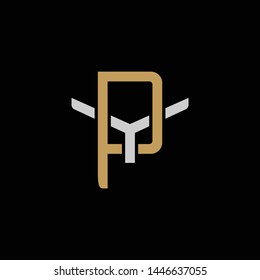 Initial letter Y and P, YP, PY, overlapping interlock logo, monogram line art style, silver gold on black background
