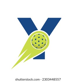 Initial Letter Y Pickleball Logo Concept With Moving Pickleball Symbol. Pickle Ball Logotype Vector Template