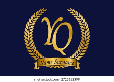 Letra inicial Y y Q, diseño del logotipo del monograma YQ con corona de laurel. Fuente de caligrafía dorada de lujo.