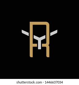 Initial letter Y and R, YR, RY, overlapping interlock logo, monogram line art style, silver gold on black background