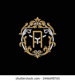 Initial letter Y and R, YR, RY, decorative ornament emblem badge, overlapping monogram logo, elegant luxury silver gold color on black background