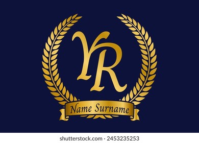 Initial letter Y and R, YR monogram logo design with laurel wreath. Luxury golden calligraphy font.