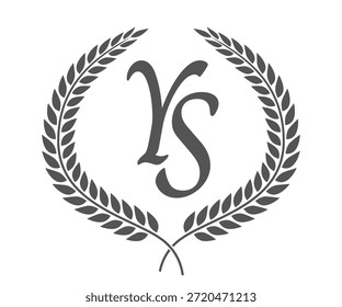 Initial letter Y and S, YS monogram logo design with laurel wreath. Luxury calligraphy font.