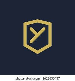 initial Letter Y with Shield frame line art element. Shield Line geometry  for Security logo. Logo Icon Template for Web and Business Card, Letter Logo Template on Black Background. - vector