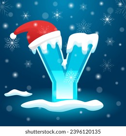 Initial Letter Y with snowflake and Santa hat element, snow lettering template vector illustration. Alphabet with snow vector template.  Winter text vector usable for New Year or Christmas.
