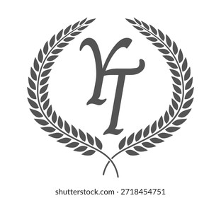 Letra inicial Y e T, design do logotipo do monograma YT com coroa de louro. Fonte de caligrafia de luxo.