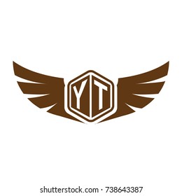 Initial Letter Y, T, YT Hexagonal Shape Logo Design with Wings Icon and Brown Color