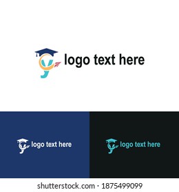 Ursprünglicher Buchstabe y mit Toga-Hut-Graduierung und Papierflugzeug, die für das Logo der Akademie herumfliegen