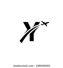 Initial Letter Y Travel Logo Design with Airplane and Swoosh Icon isolated on white background