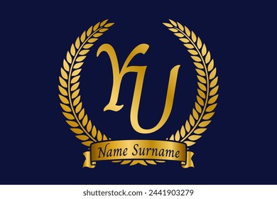 Initial letter Y and U, YU monogram logo design with laurel wreath. Luxury golden calligraphy font.