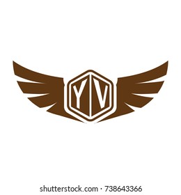 Initial Letter Y, V, YV Hexagonal Shape Logo Design with Wings Icon and Brown Color
