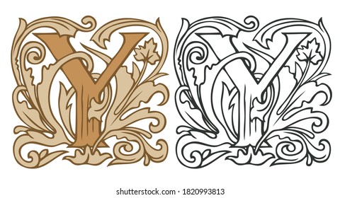 Initial letter Y with vintage Baroque decorations. Two vector uppercase letters Y in beige and black-white colors. Beautiful filigree capital letter to use for monogram, logo, emblem, card, invitation