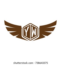 Initial Letter Y, W, YW Hexagonal Shape Logo Design with Wings Icon and Brown Color